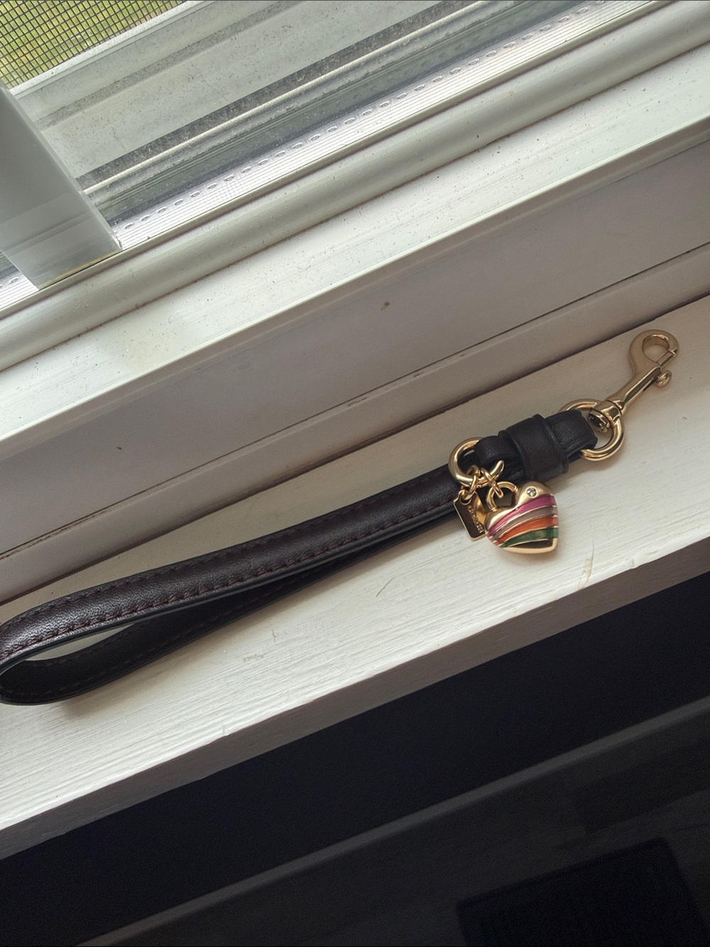 Coach Leather Wristlet Key Strap with Striped Heart Charm